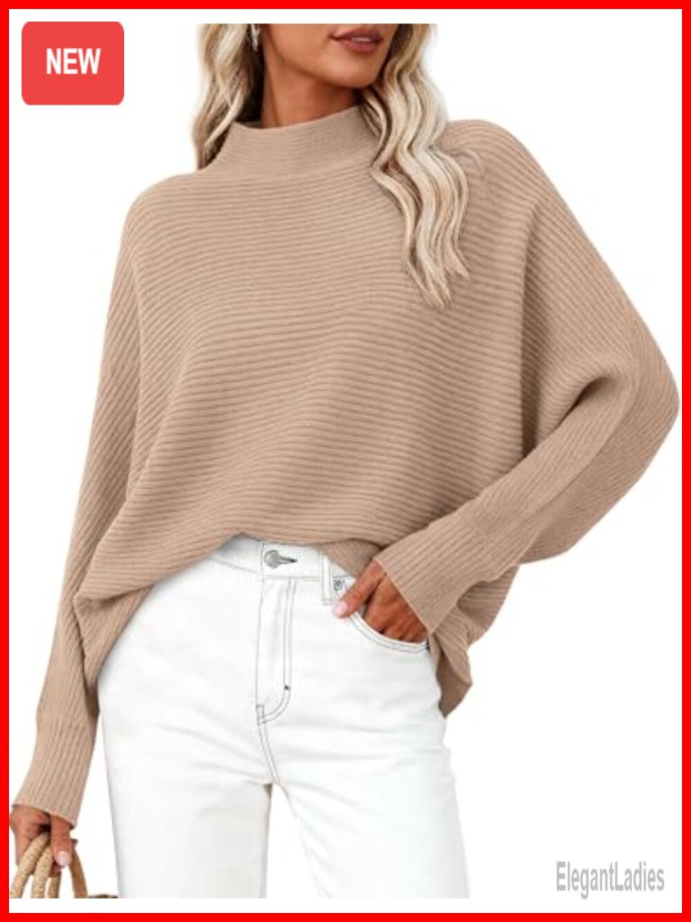 Oversized Ribbed Knit Mock Neck Batwing Sleeve Pullover Sweater